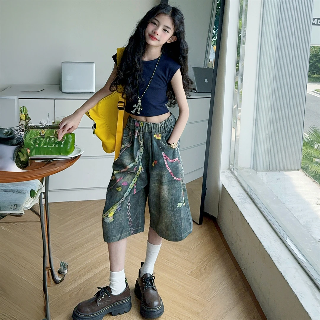 女童夏季新款酷飒时髦设计感后背绑带蝴蝶结上衣涂鸦牛仔裤两件套