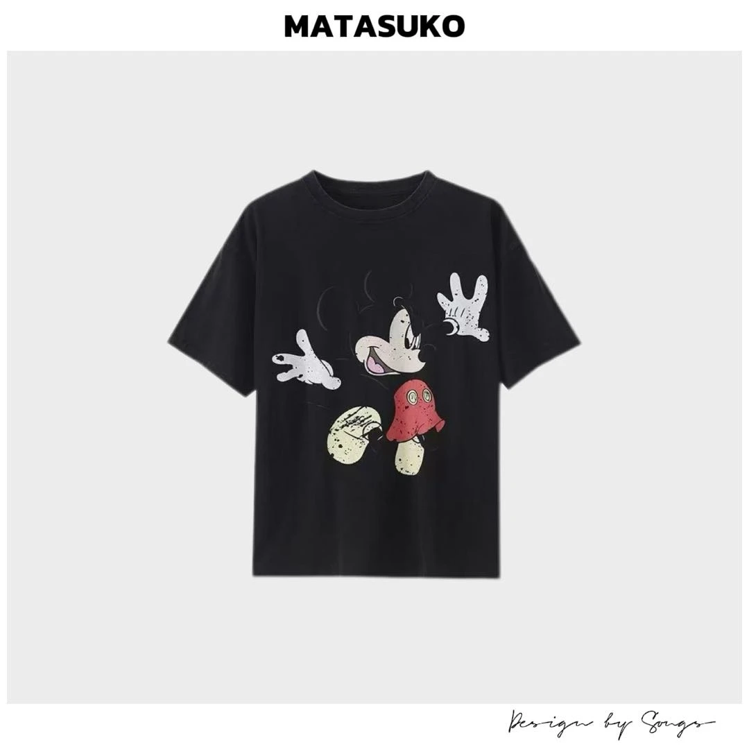 MATASUKO 大米奇 天然棉面料 磨破印花工艺 圆领印花T恤