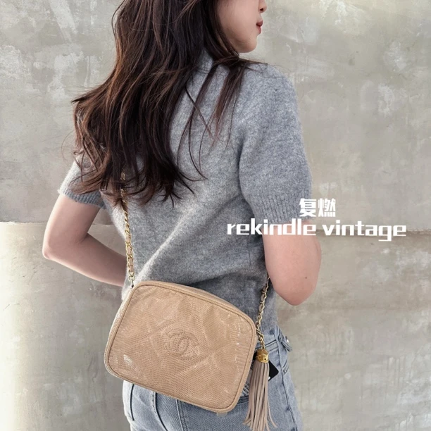 95新 Chanel/香奈儿 复燃精选/蜥蜴皮流苏相机斜挎包