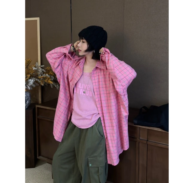 HY罗罗慵懒风粉色格子长袖衬衫显白百搭韩版设计感百搭显瘦气质