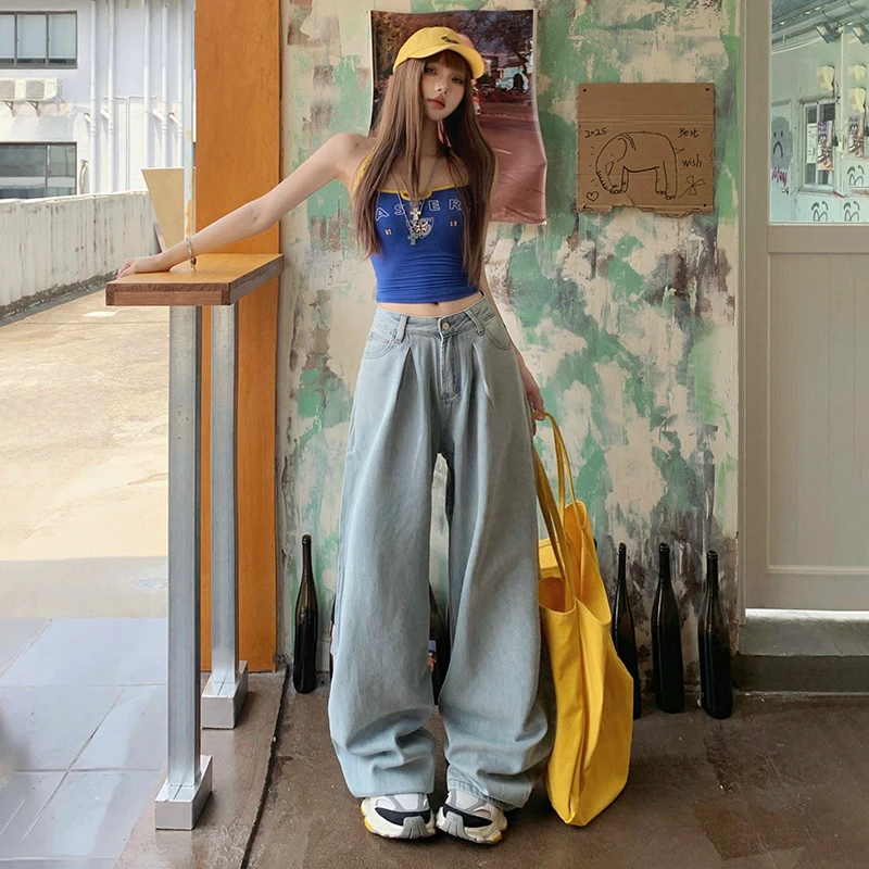 2色美式复古高腰宽松天丝凉爽透气阔腿裤百搭直筒牛仔裤女夏季