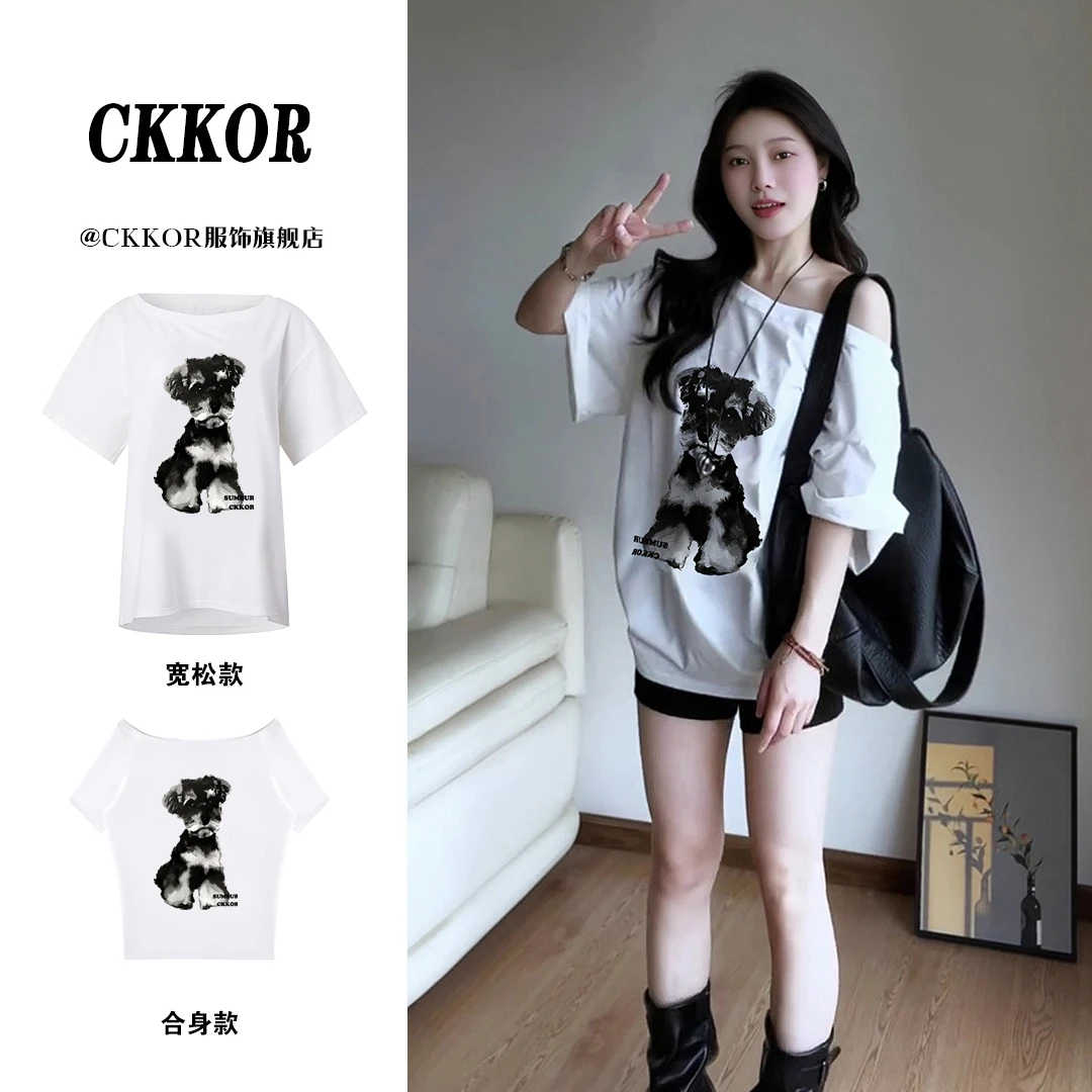 CKKOR夏季新款斜肩上衣短袖t恤女美式辣妹小众设计感ins欧美上衣