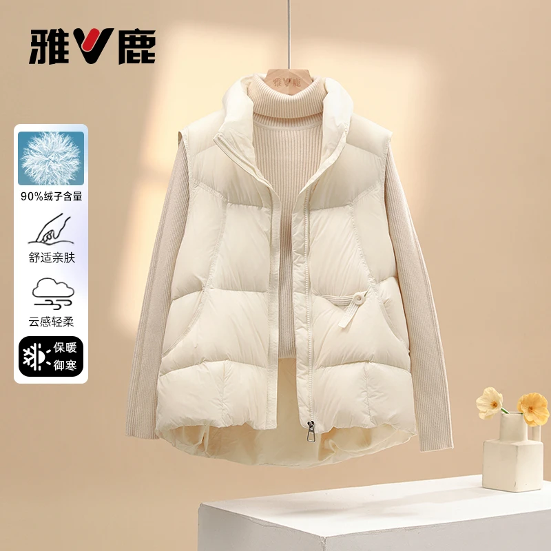 雅鹿新款短款2025秋冬立领羽绒马甲女时尚保暖90绒大口袋马夹外套