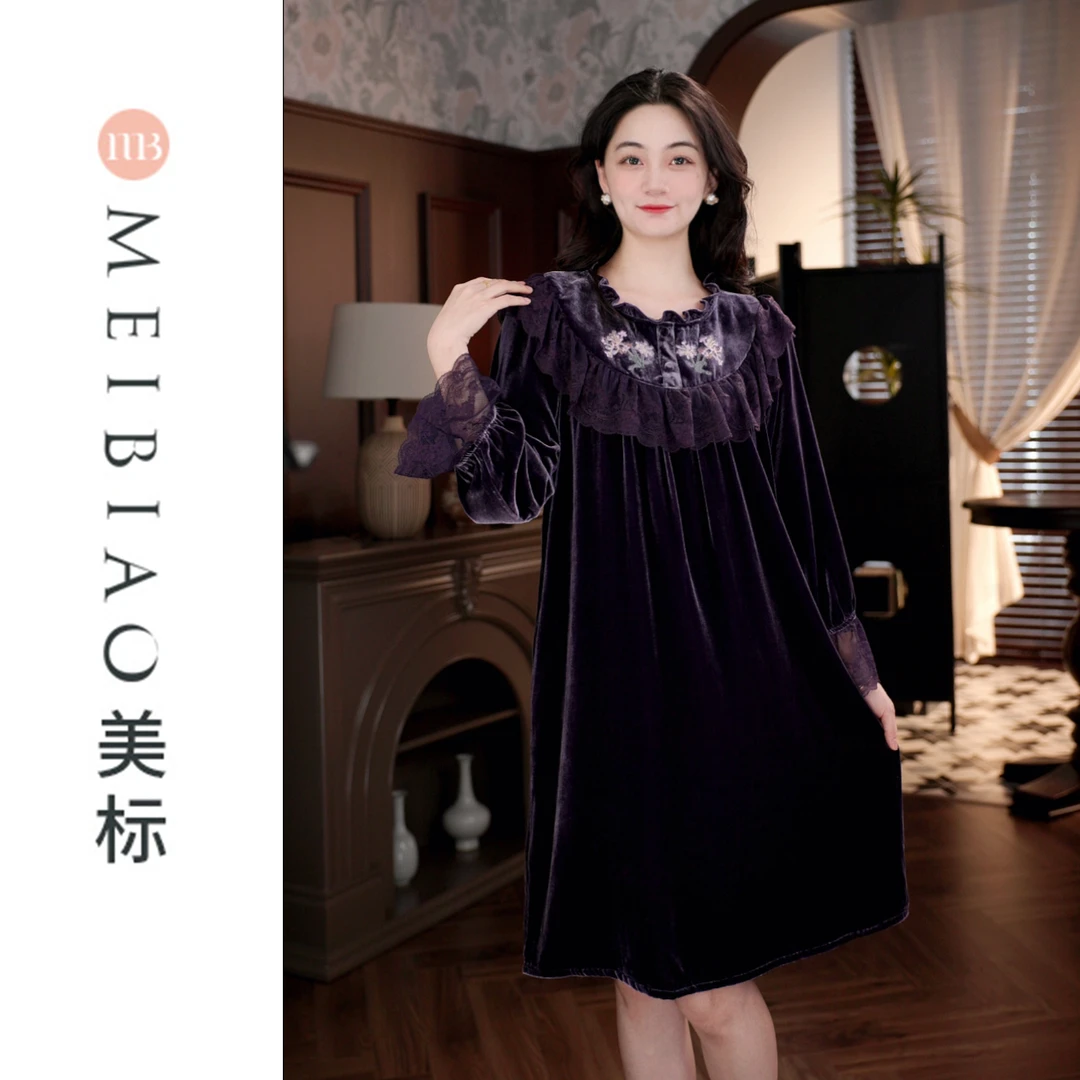 美标高档百分百桑蚕丝真丝绒秋冬刺绣花边女士睡裙家居服 100216