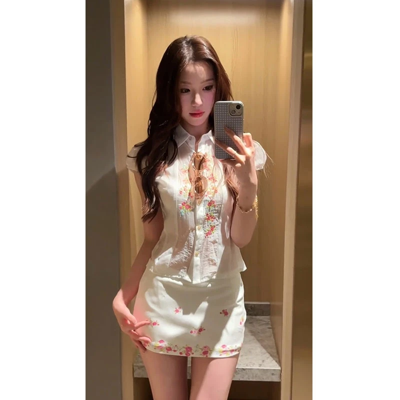 2025夏季新款甜美纯欲风蕾丝刺绣碎花衬衫上衣高腰包臀半身裙套装