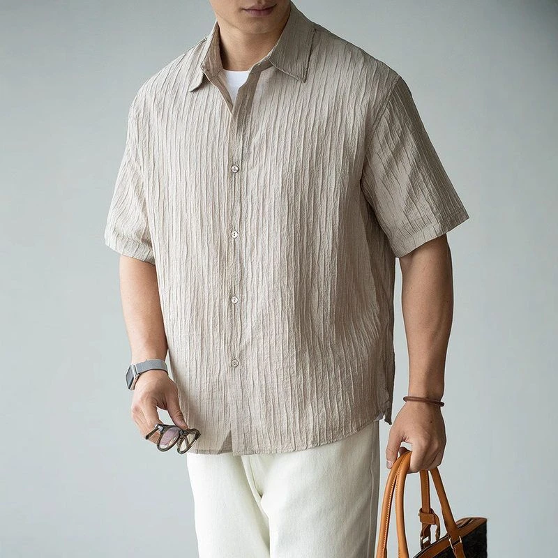 dnz-日系天丝微皱泡泡肌理度假轻商务衬衫男士夏新款翻领短袖衬衣
