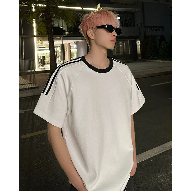 美式条纹拼接黑色短袖男款夏季学院风篮球运动t恤宽松休闲五分袖