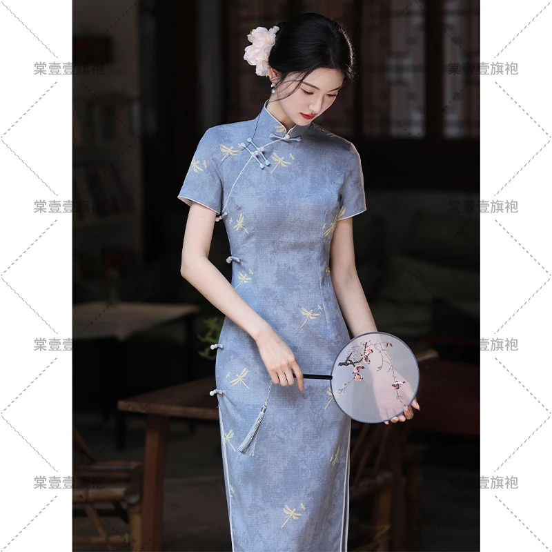蓝色旗袍新中式轻奢高级感夏季显瘦女装中国风复古气质日常高级感