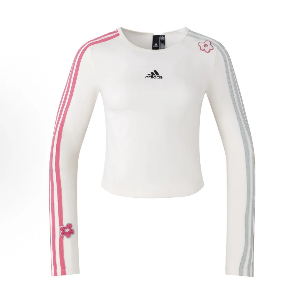 adidas  字母条纹印花圆领运动美式复古长袖 正肩袖T恤女款IX5646