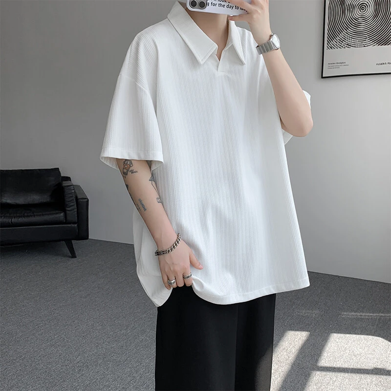 肌理感polo衫短袖男夏季美式重磅白色半袖宽松百搭青少年翻领t恤