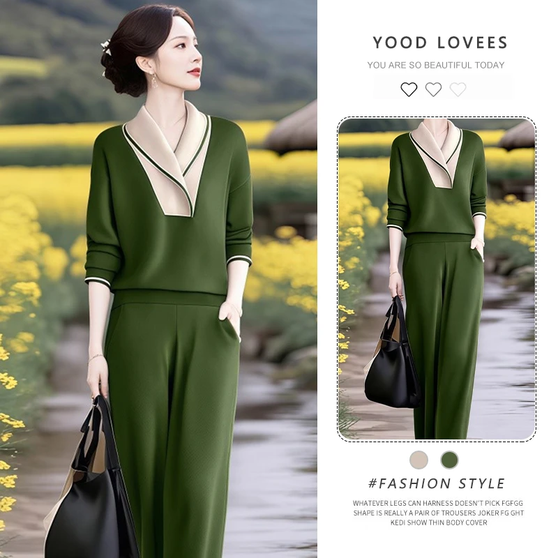 设计感撞色拼接休闲气质翻领上衣女2026春秋新款时尚直筒卫裤套装