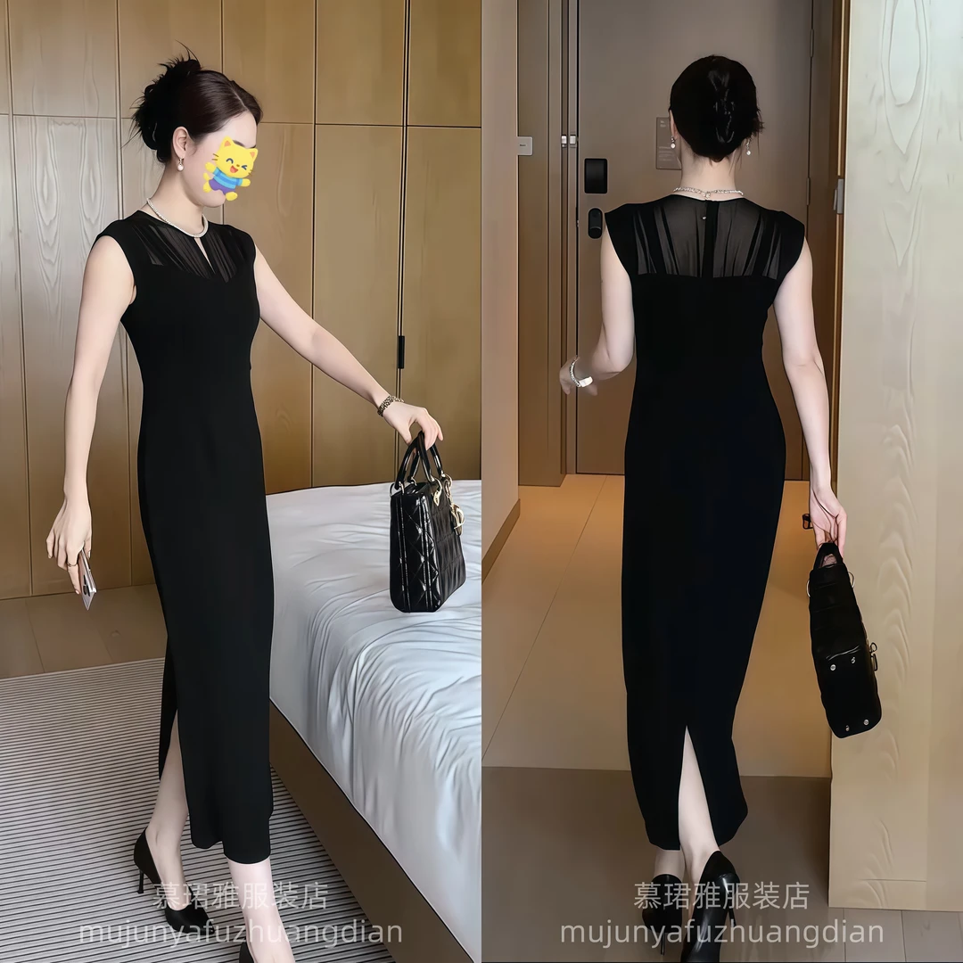 黑色无袖连衣裙女2025新款夏季高级感出席重要场合网纱拼接长裙子