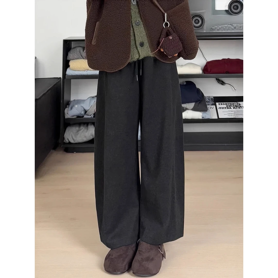 小个子加绒毛呢直筒休闲裤女秋冬新款大码胖mm宽松显瘦九分阔腿裤