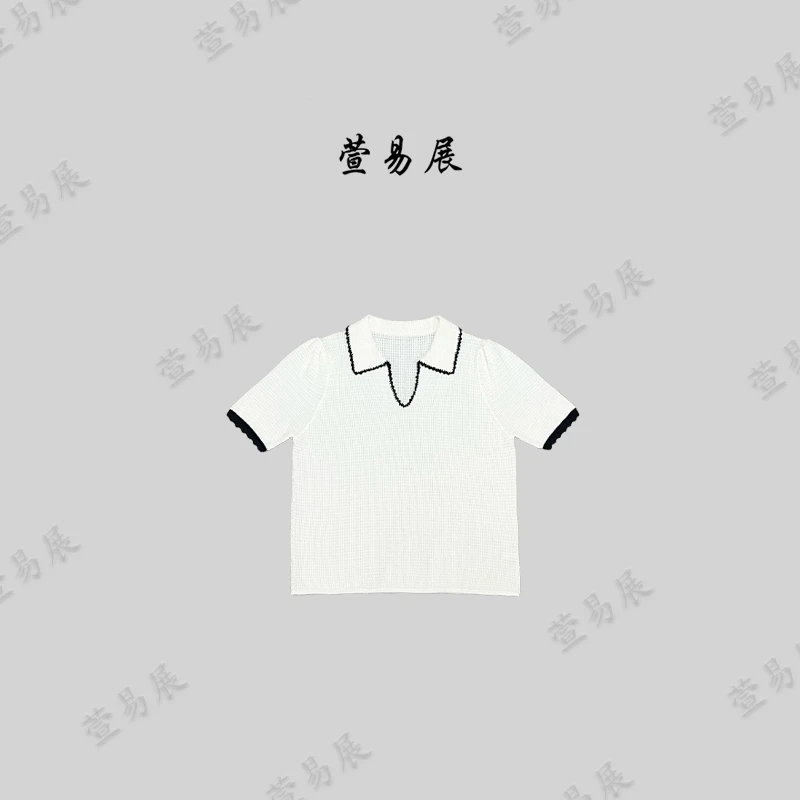 萱易展-“简白”撞色百搭设计师款显瘦钩织翻领上衣-TX041104