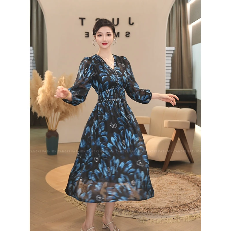 2025夏季新款【Q-C271】气质高级感茶歇裙蓝色V领连衣裙子女