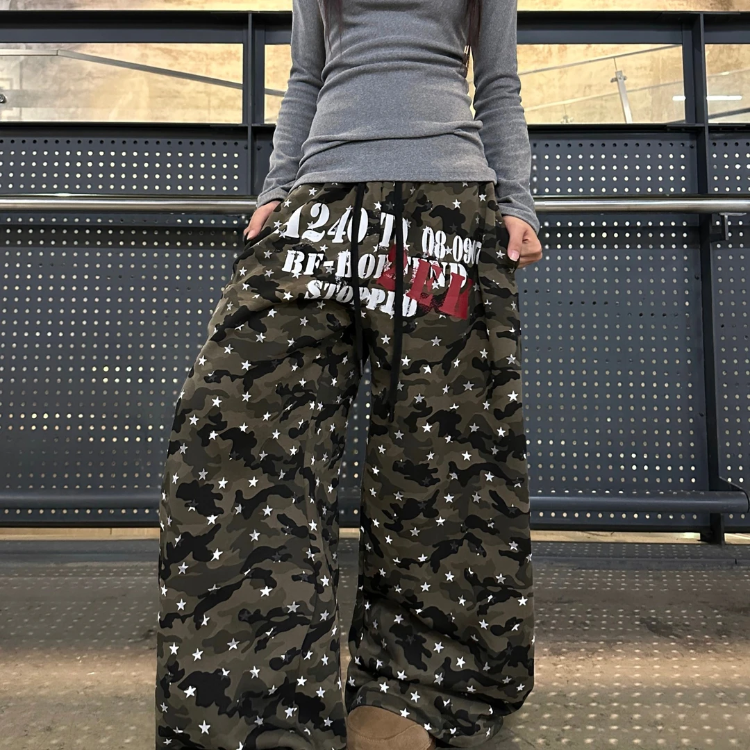 美式复古迷彩弯刀加绒卫裤男女星星休闲裤宽松阔腿裤潮