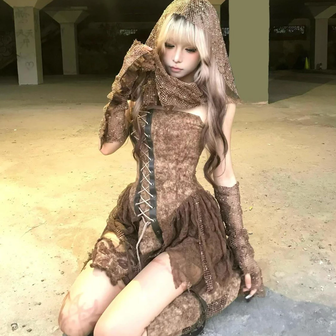 废土沙丘y2k辣妹复古做旧扎染不规则系带抹胸+短裤+披肩头巾套装