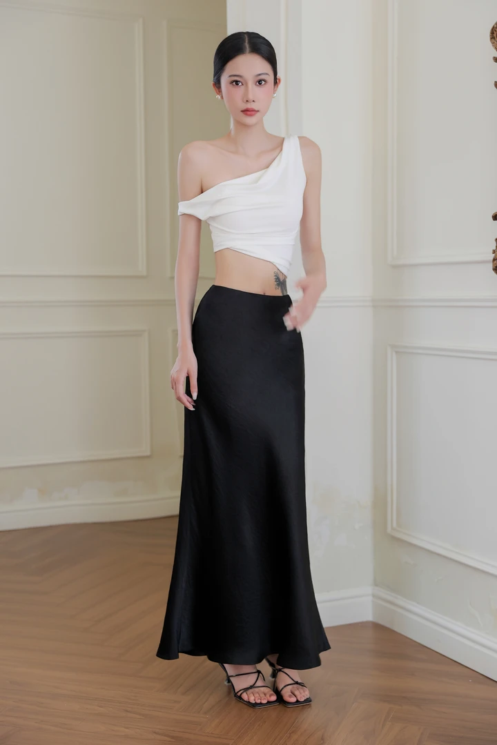 兰菲衣度春夏斜裁松紧腰褶皱肌理醋酸半身长裙时尚气质百搭