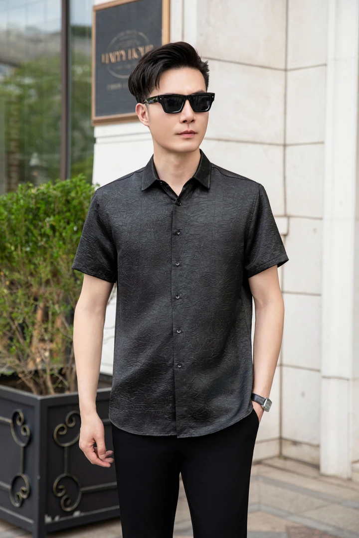【正品桑蚕丝】男士香云纱桑蚕丝衬衫轻奢衬衣高端男装短袖翻领-908