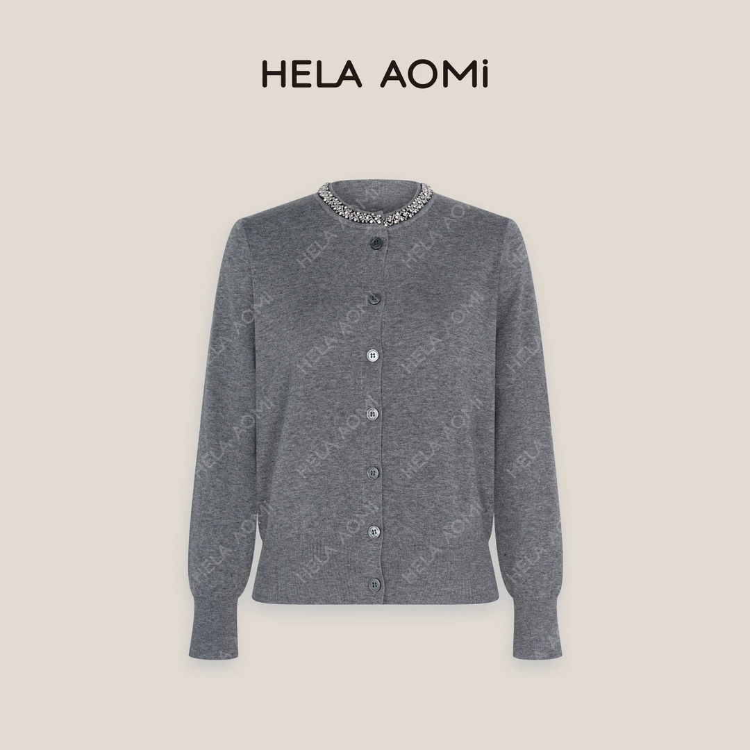 HELAAOMI “钻领开衫”时尚圆领钉珠纯色开衫针织衫上衣CY4DM31648