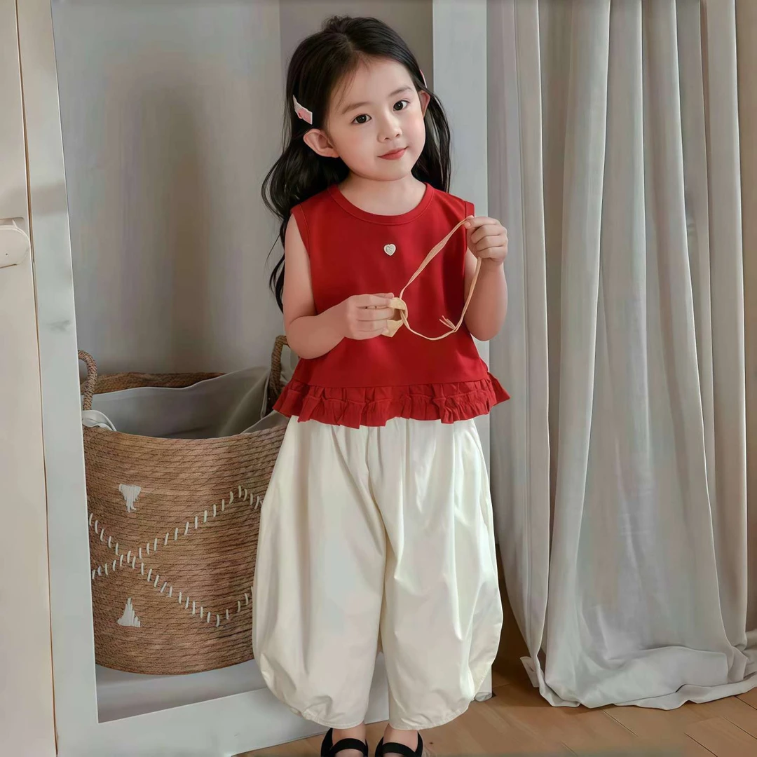 女童夏季套装2025新款女宝洋气短袖背心裤子两件套装儿童森系超仙