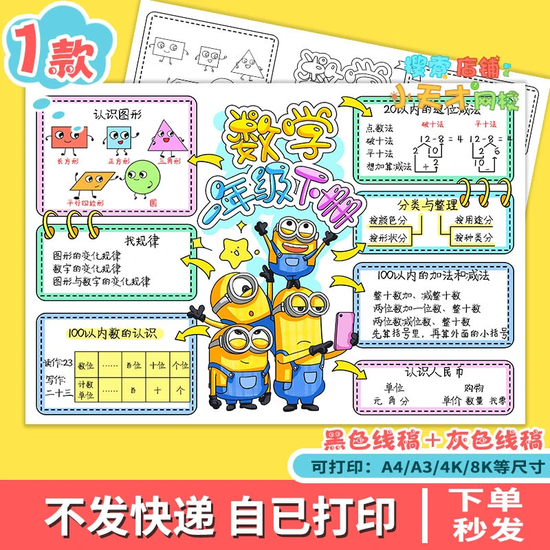 数学知识点汇总一年级下册手抄报思维导图电子板总复习读书卡f261