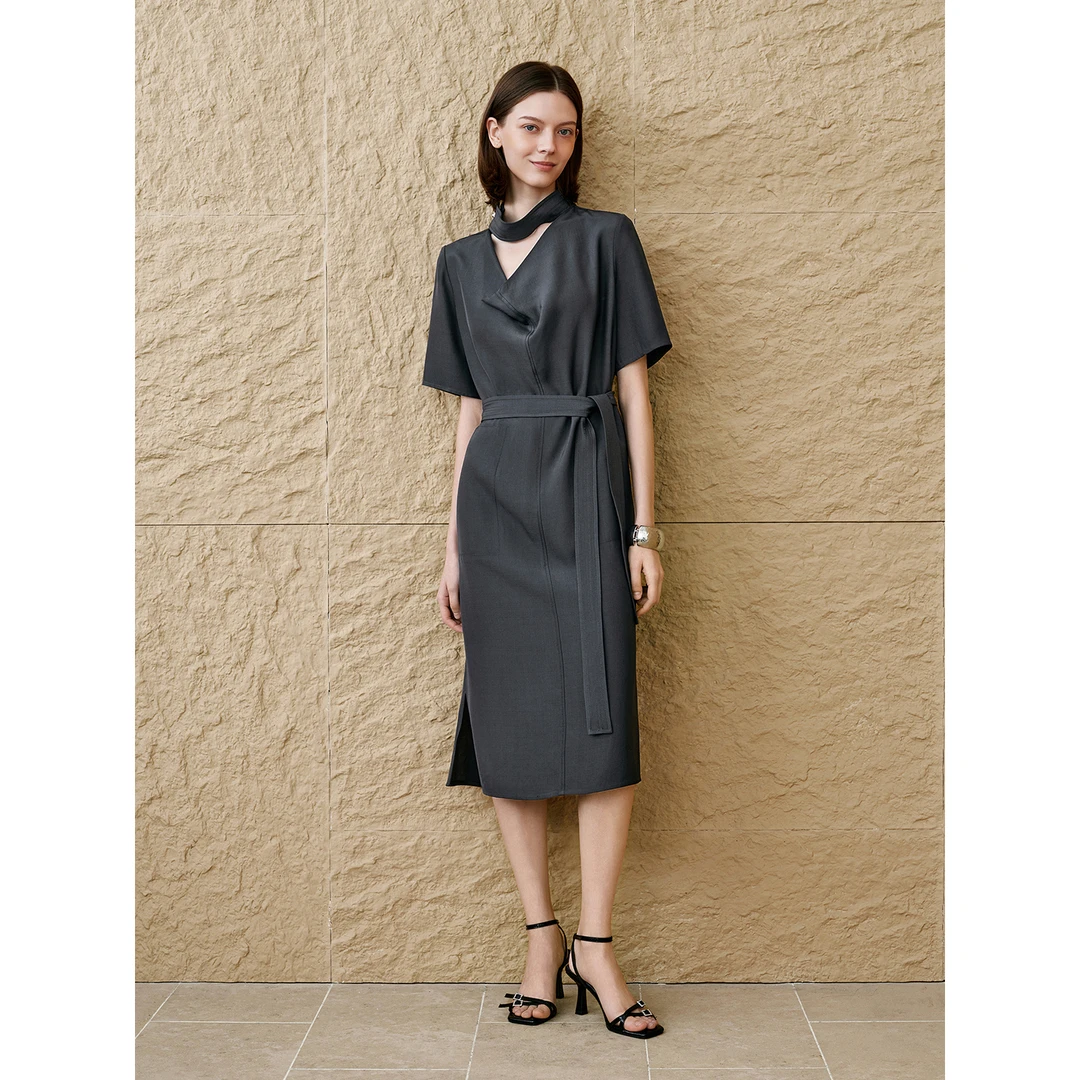 INSUN恩裳专选2025新款镂空褶领凉感醋酸连衣裙9C65305220