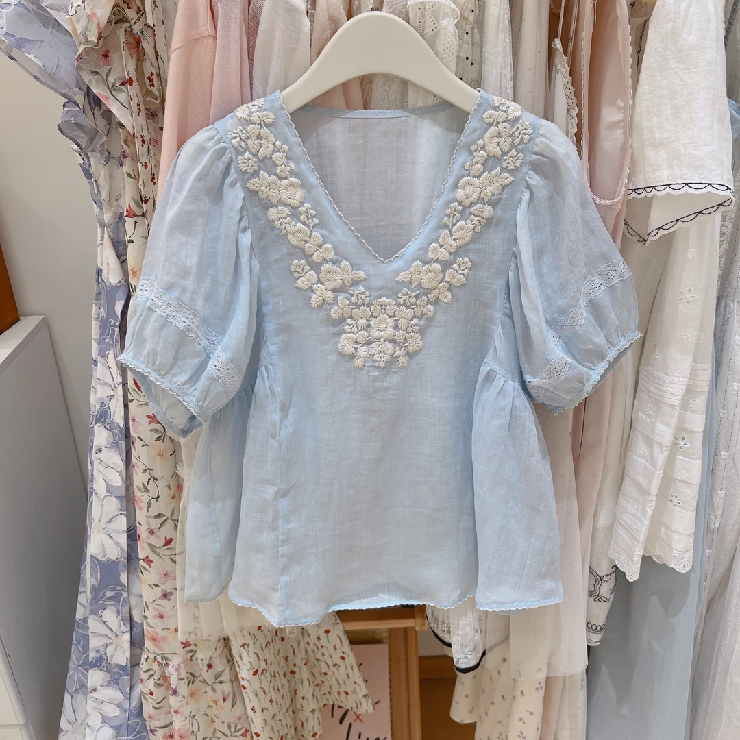 2025年夏季新款韩版韩系夏款甜美V领宽松时尚气质百搭设计感衬衫