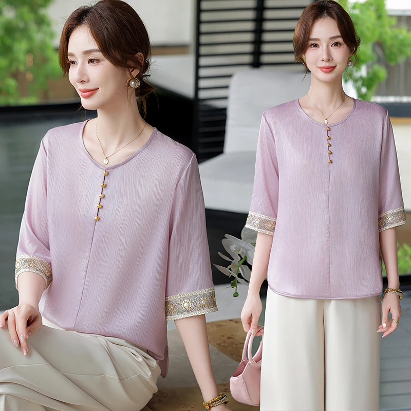 气质妈妈装夏季民族风短袖T恤中老年女装中国风大码薄款上衣K888