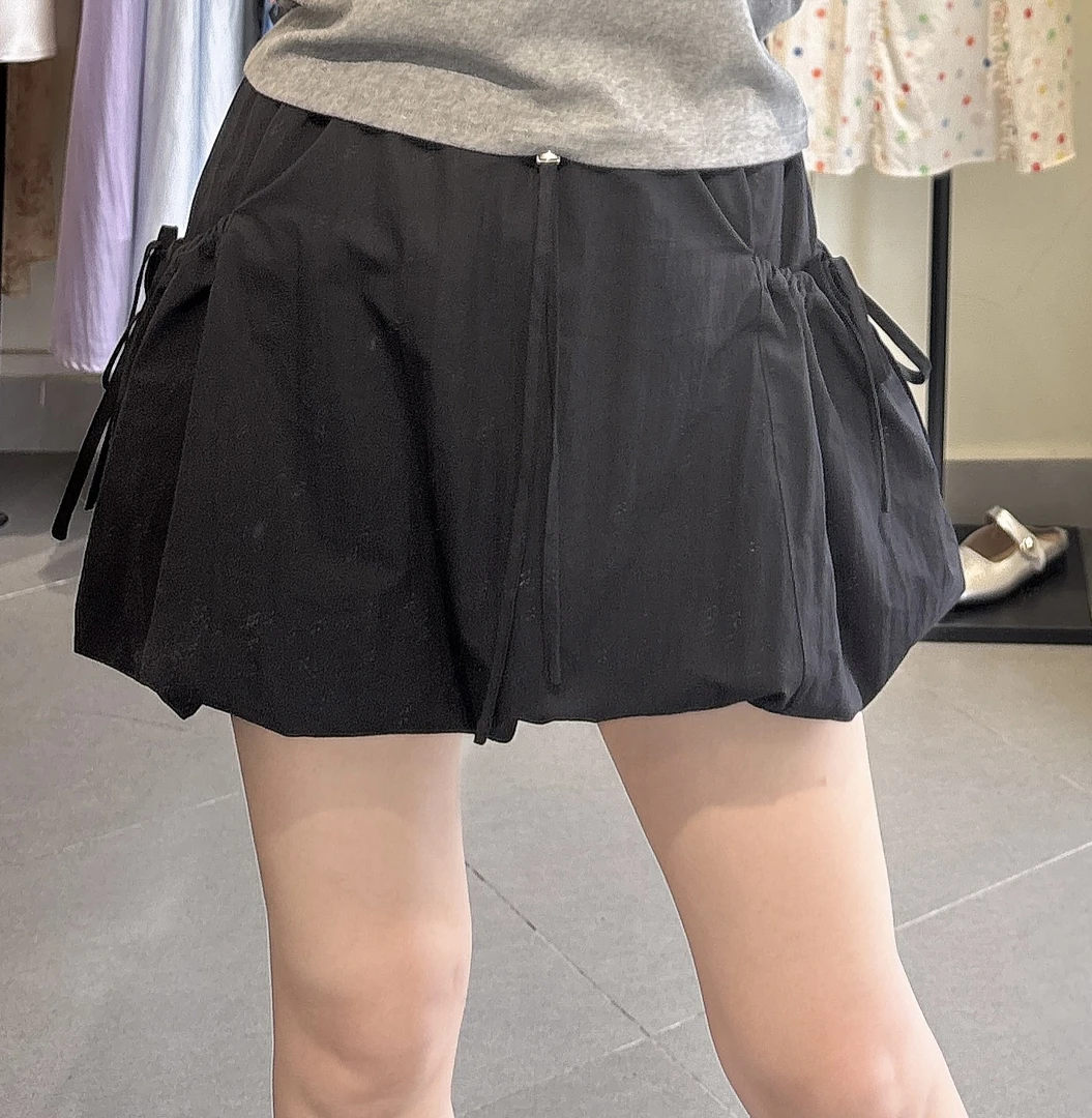 夏季新款韩系百搭高腰工装风花苞短裙有口袋防走光蓬蓬短裙