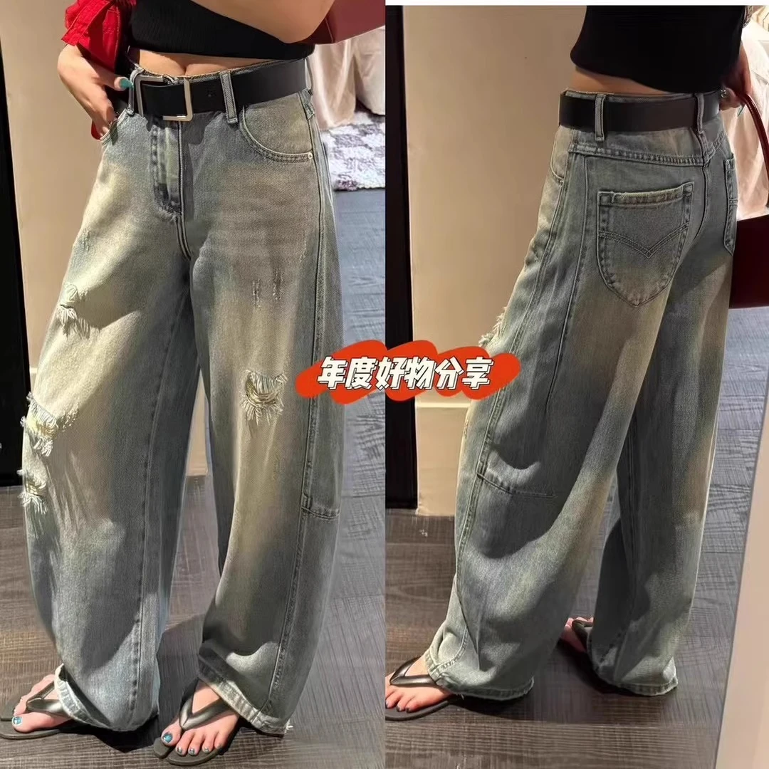 磨破时髦高腰怀旧牛仔阔腿裤女裤女夏薄料宽松弯刀裤牛仔裤裤子