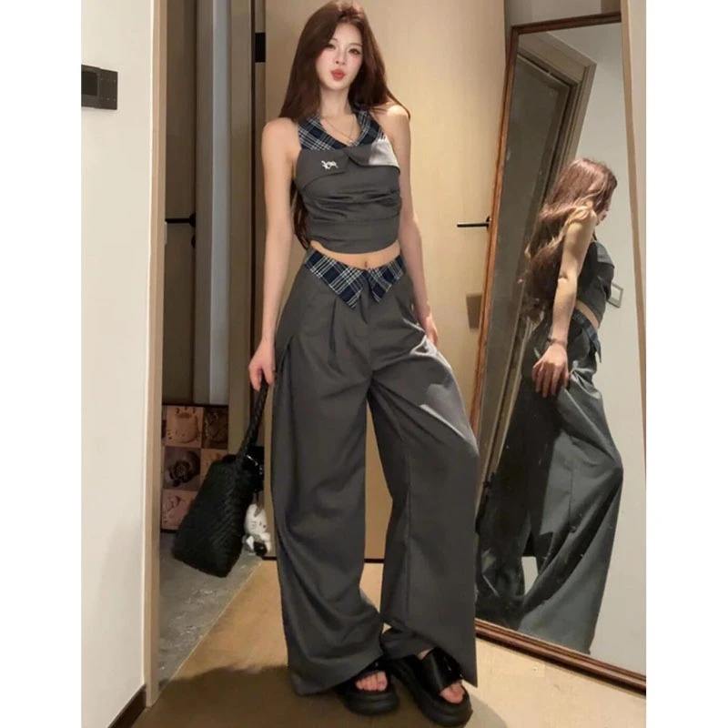 辣妹纯欲设计感小众拼接挂脖吊带背心上衣高腰直筒宽松阔腿裤套装