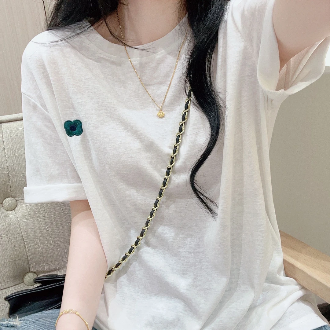 韩版薄款圆领雪花棉白色t恤女夏季新款刺绣花朵宽松休闲短袖上衣