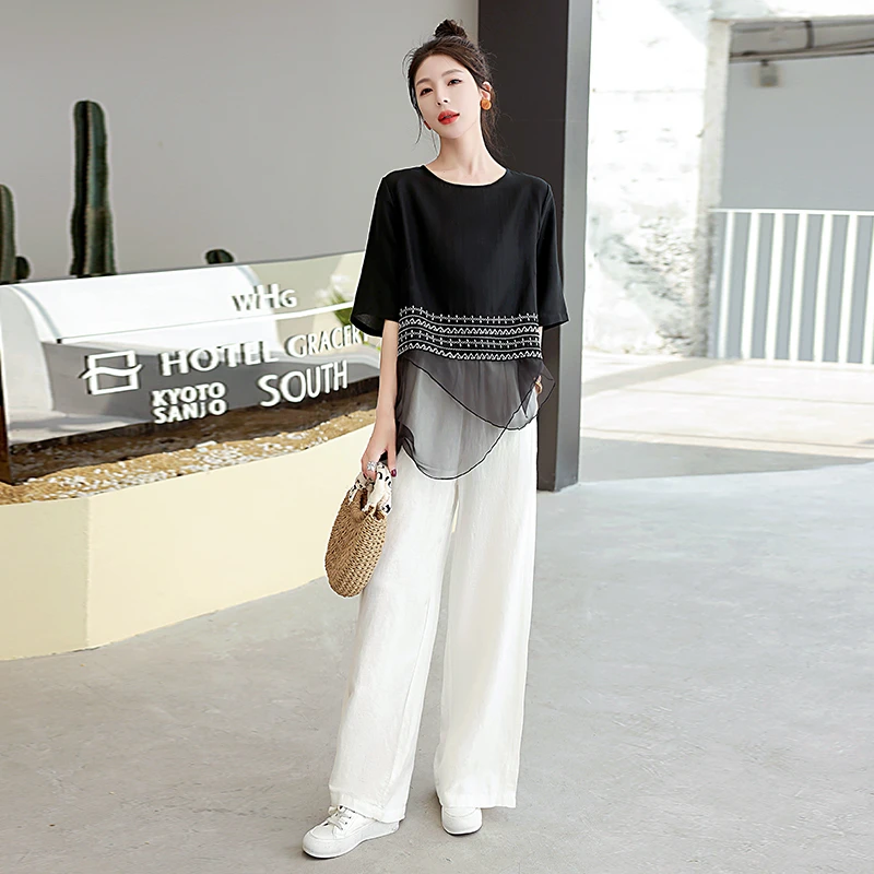 阔腿裤套装女2025夏季新款民族风文艺范减龄显瘦棉麻裤装两件套潮
