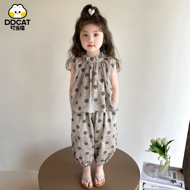 叮当猫女童夏季套装中小童薄款洋气儿童夏装女宝宝宽松棉麻两件套