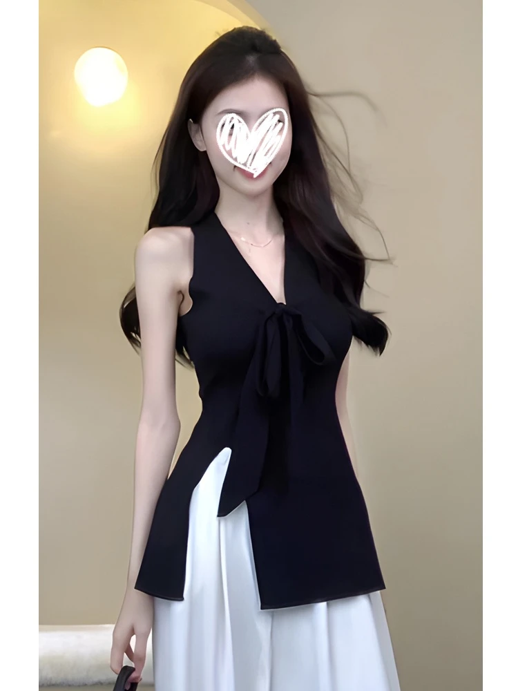 法式蝴蝶结V领无袖挂脖背心女夏季新款外穿收腰别致独特开叉上衣