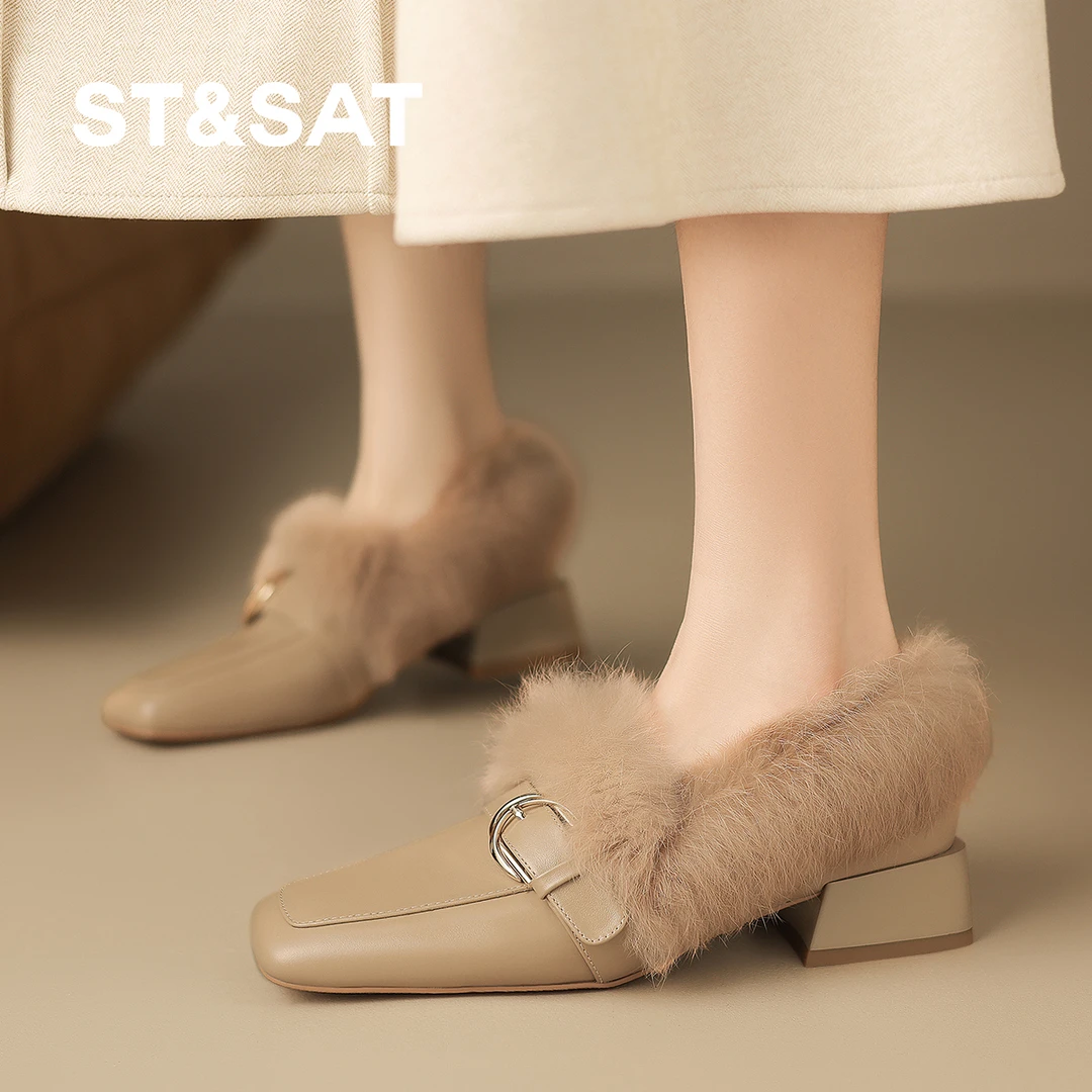 St&Sat/星期六复古小香风毛毛加绒玛丽珍粗跟女单鞋保暖乐福鞋