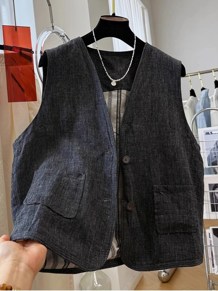 加大码高级感亚麻气质V领无袖马甲男夏叠男加厚男士工装马甲