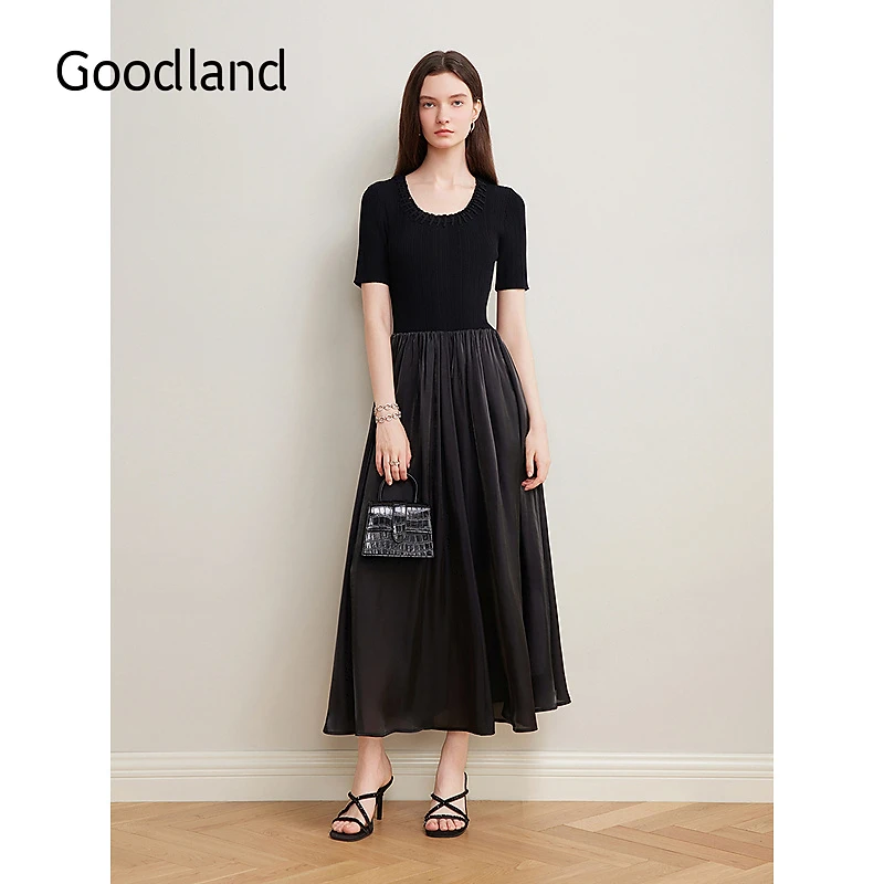 Goodland美地女装2025夏季新款优雅气质短袖针织拼接海岛丝连衣裙