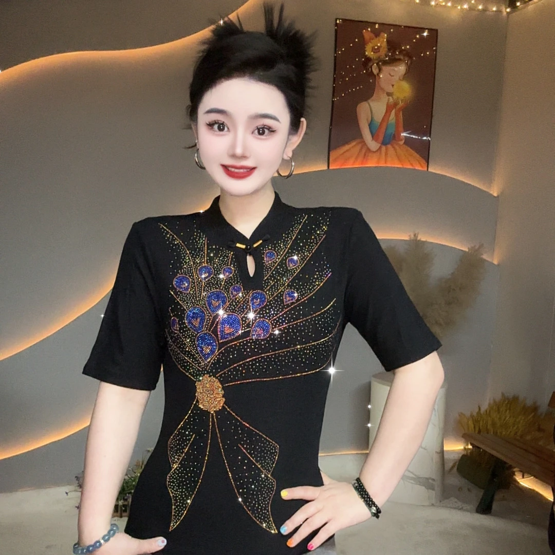 【夏季新款】新中式国风旗袍领花束烫钻爆款洋气短袖打底衫3059