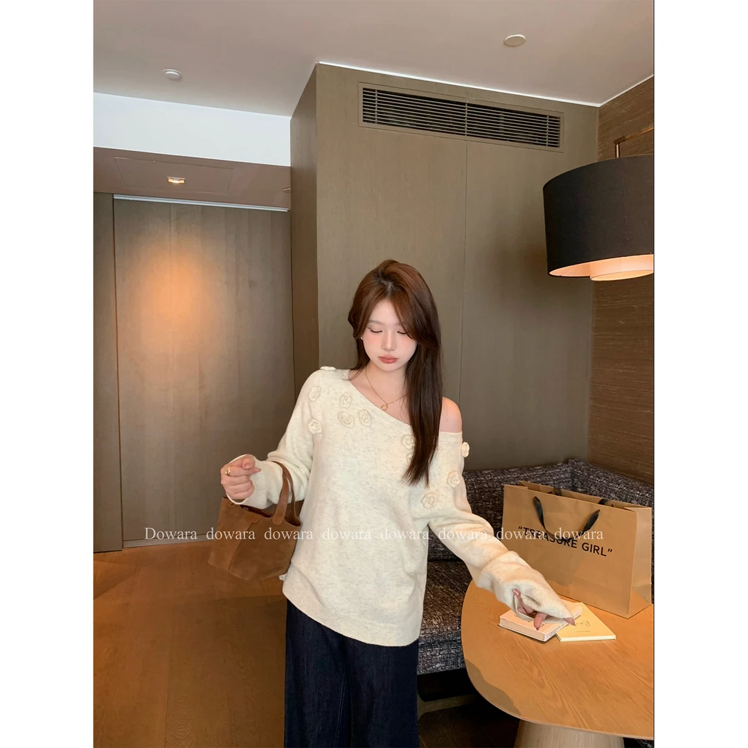 现货大婉酱微胖定制韩系设计感露肩毛衣温柔风气质百搭上衣 6458D