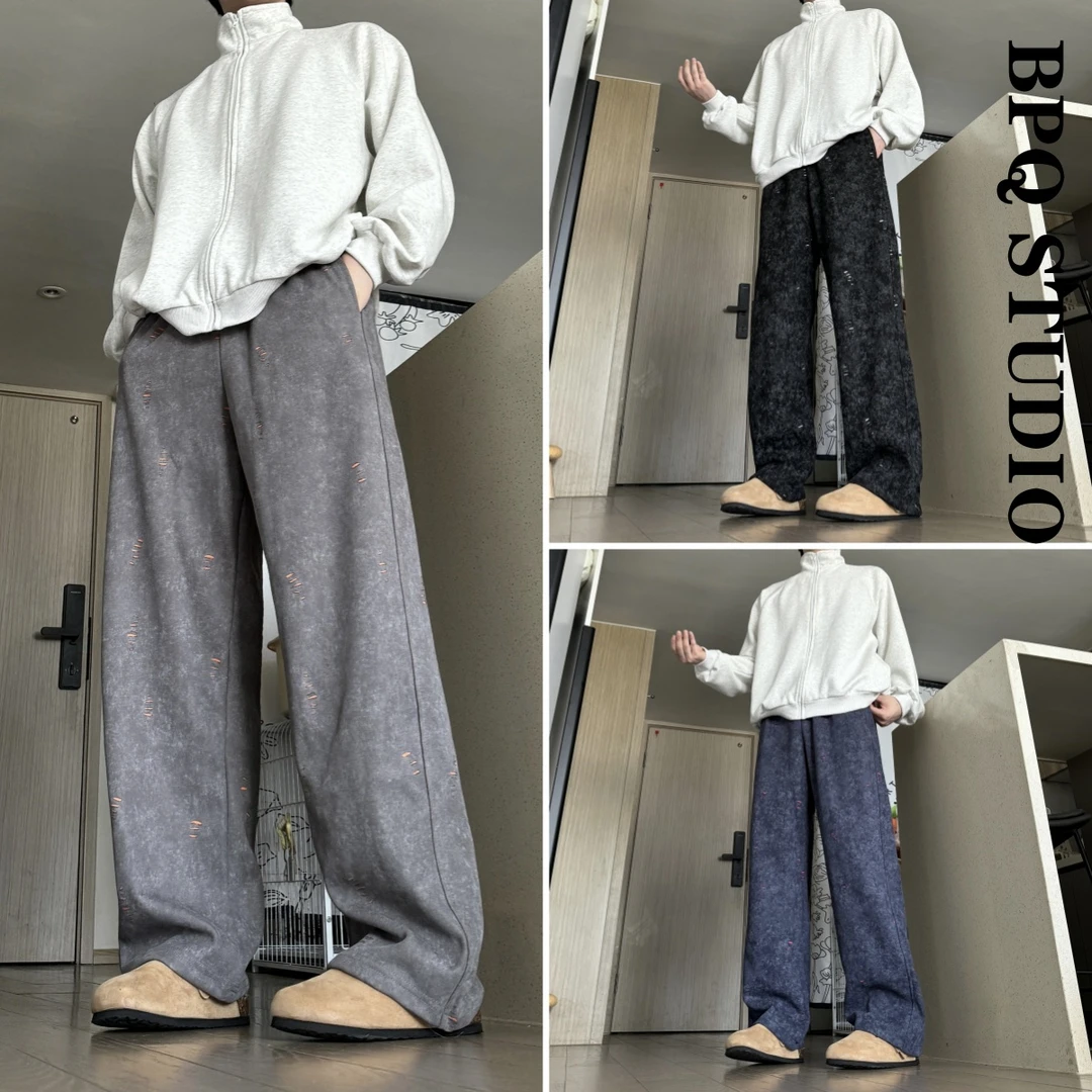 早秋新款长裤美式撞色休闲裤男女宽松直筒裤重磅卫裤阔腿弯刀裤子