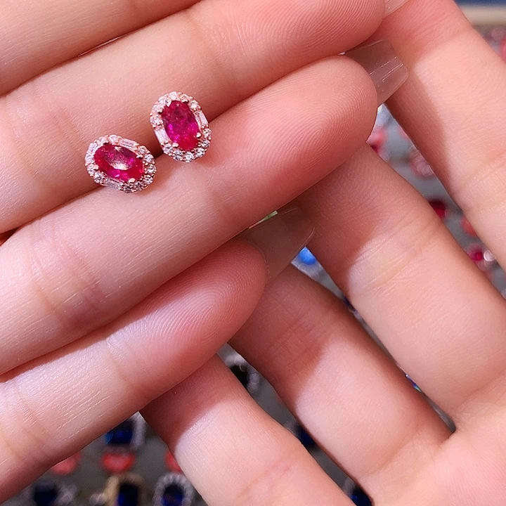 红宝石耳饰银S925镶嵌