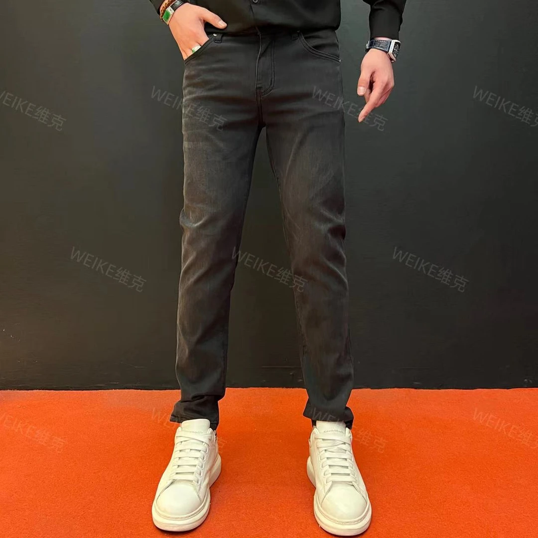 《WEIKE》085夏季高级灰长裤九分裤男士洗水修身小直筒百搭牛仔裤