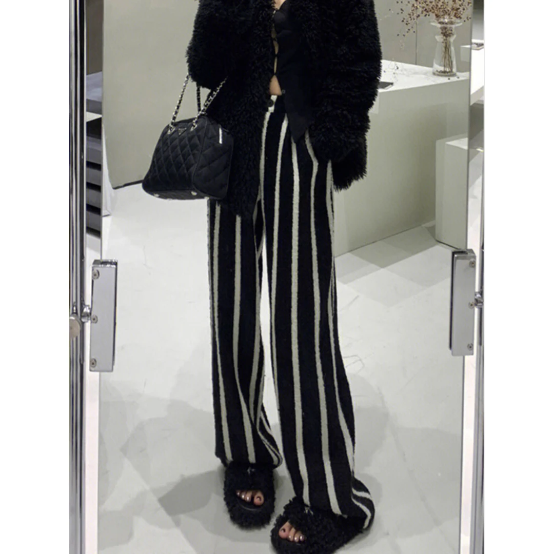 重磅推荐！黑白条百搭休闲加厚阔腿裤女高腰显瘦慵懒垂感拖地长裤