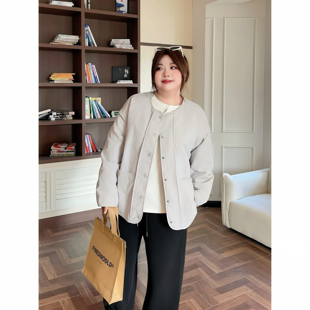 花契“慕斯奶芙”大码女装冬季简约200斤胖mm轻薄圆领棉服15696-C