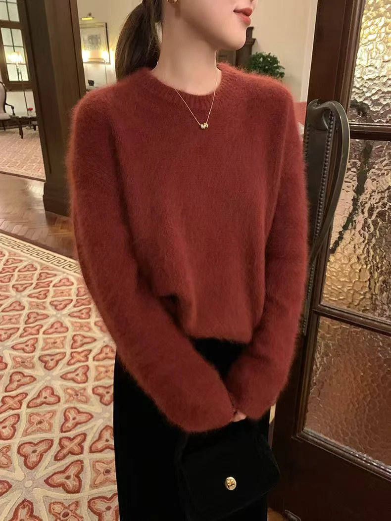 /绒绒红毛衣/宽松慵懒风圆领毛衣秋冬季打底针织衫韩版纯色