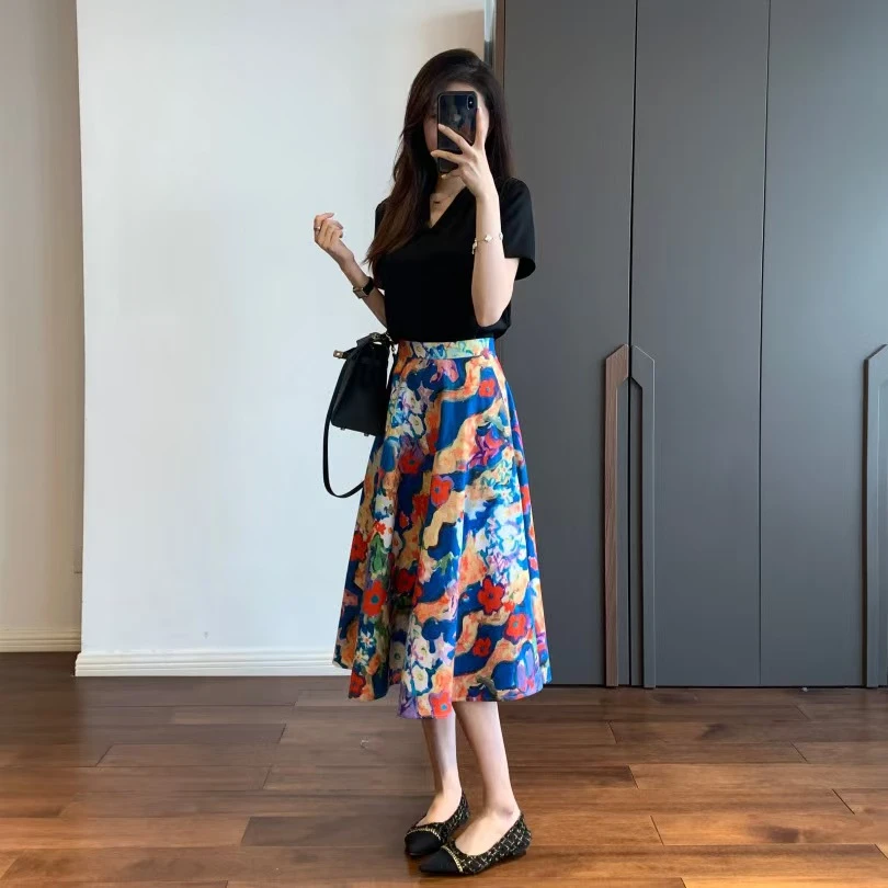 碎花半身裙高级小众晕染大花朵显瘦A型夏季法式