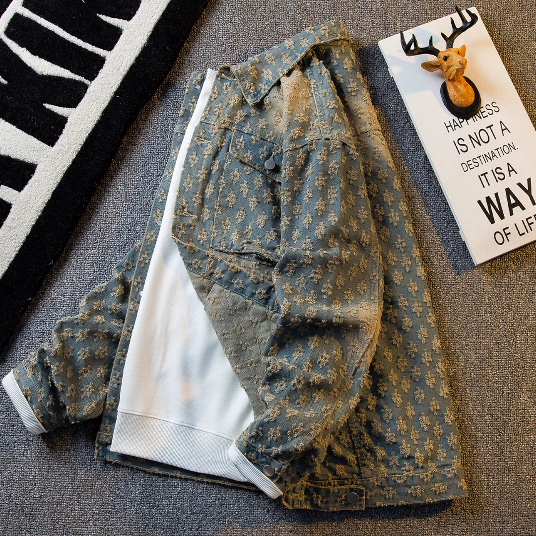 春秋款牛仔外套男士潮牌痞帅潮流高级感美式复古猫须抓破工装夹克