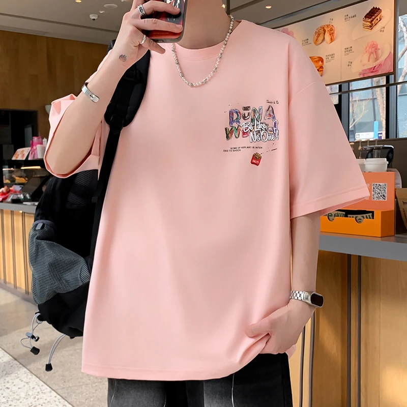 夏季新款青少年小众字母印花圆领T恤学生男休闲宽松衣服潮流百搭